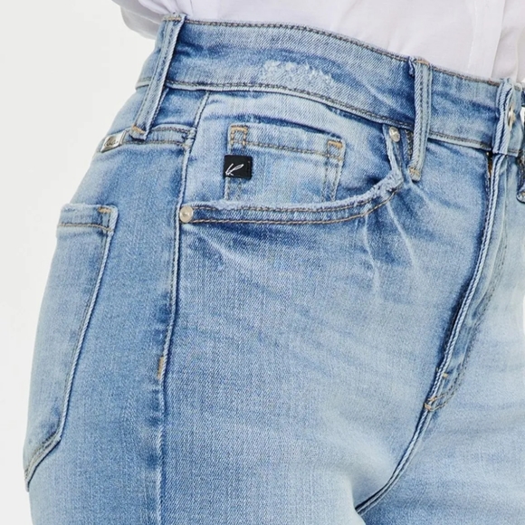 KanCan High-Rise Waist Distressed Raw Hem Wide Straight Leg Mom Denim Jean Pants - Picture 6 of 14